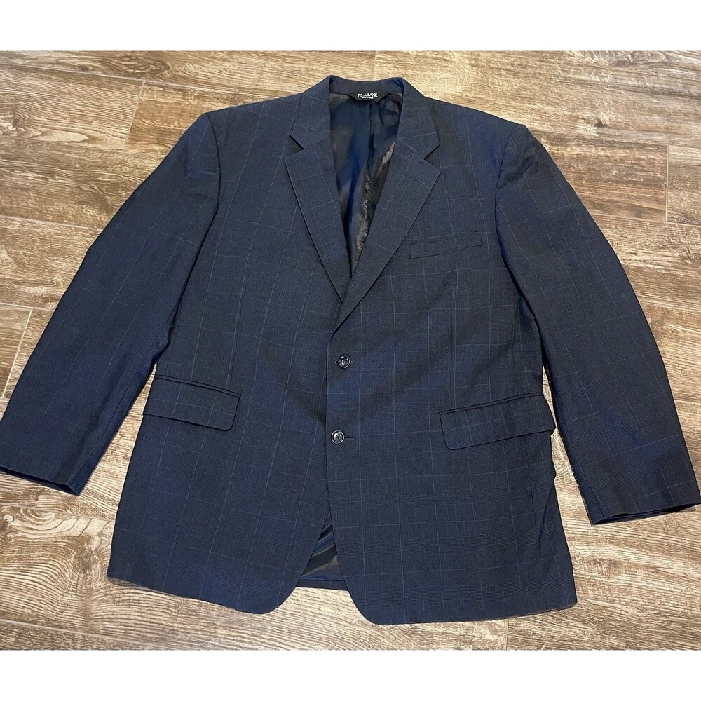 Jos A Bank Blazer Mens 48R Navy Blue Windowpane Wool Sport Coat Jacket Plaid